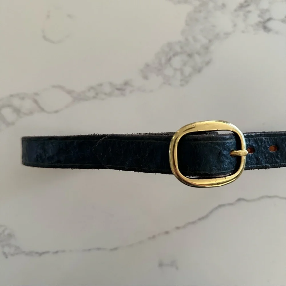 Vintage Textured Leather Medium Leather Belt Gold Tone Oval Buckle Navy Blue S